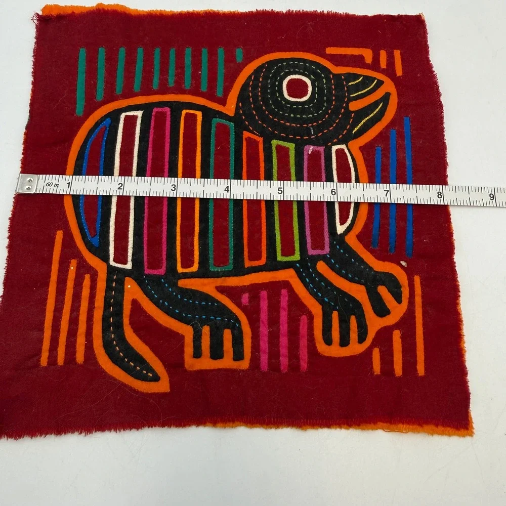 Vintage Panama Mola Textile Art Panel Handmade Reverse Applique Animal Burgundy